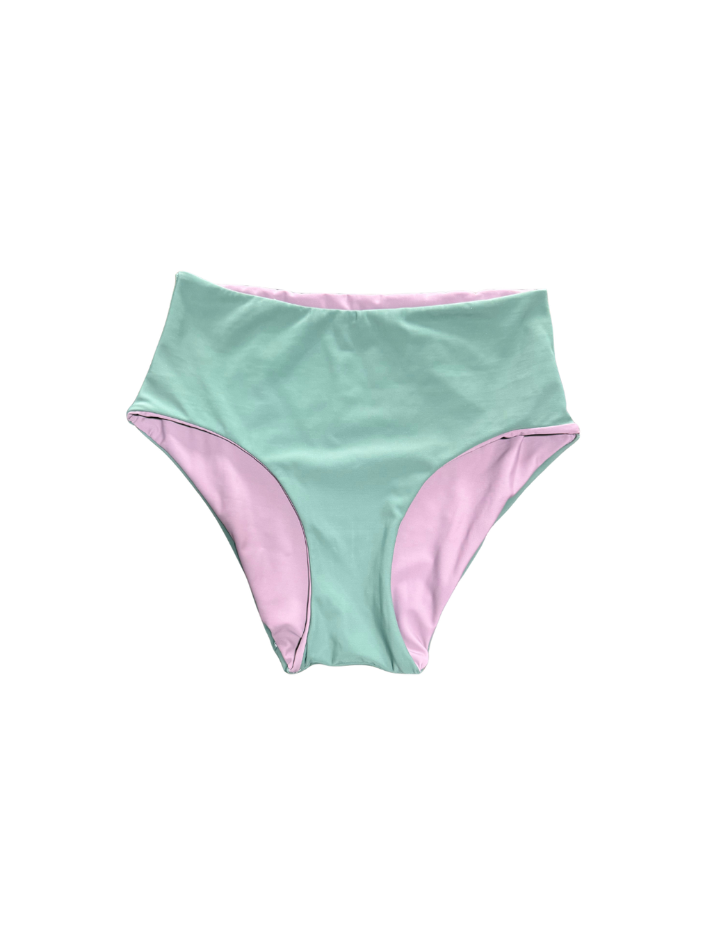 Green and pink bikini bottom on a white background