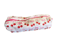 long zippered bag with cherry and bow pattern on a white background