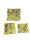 Set of three yellow fabric bags with 'Hufflepuff' pattern on a white background