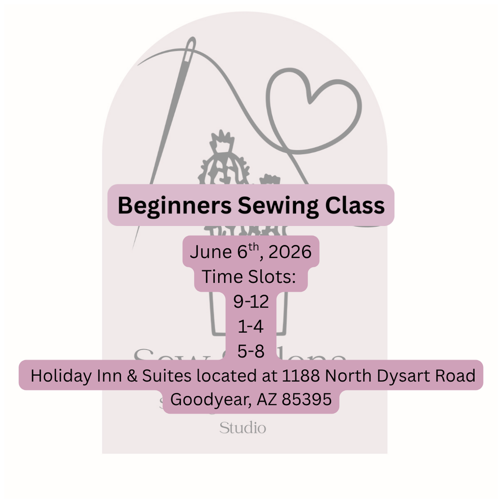 Advertisement for a beginners sewing class with event details on a white background.