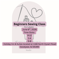 Advertisement for a beginners sewing class with event details on a white background.