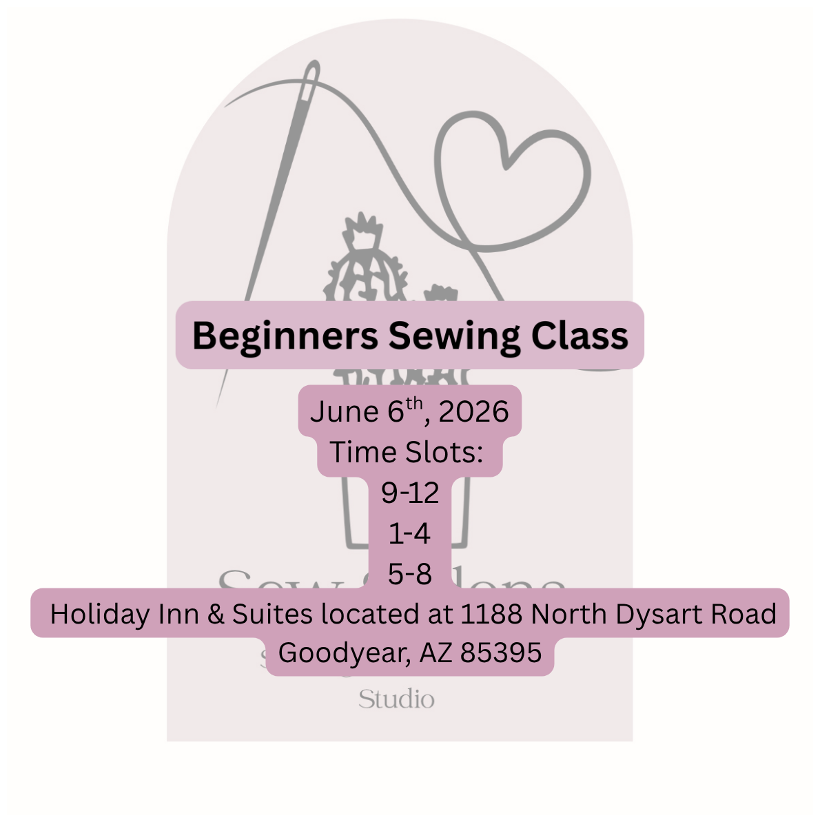 Advertisement for a beginners sewing class with event details on a white background.