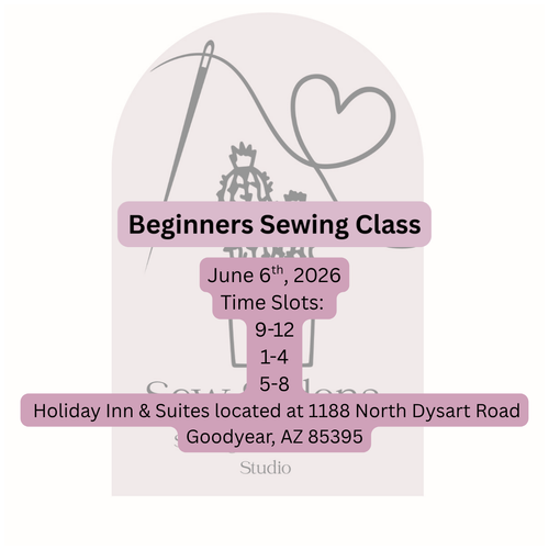 Advertisement for a beginners sewing class with event details on a white background.