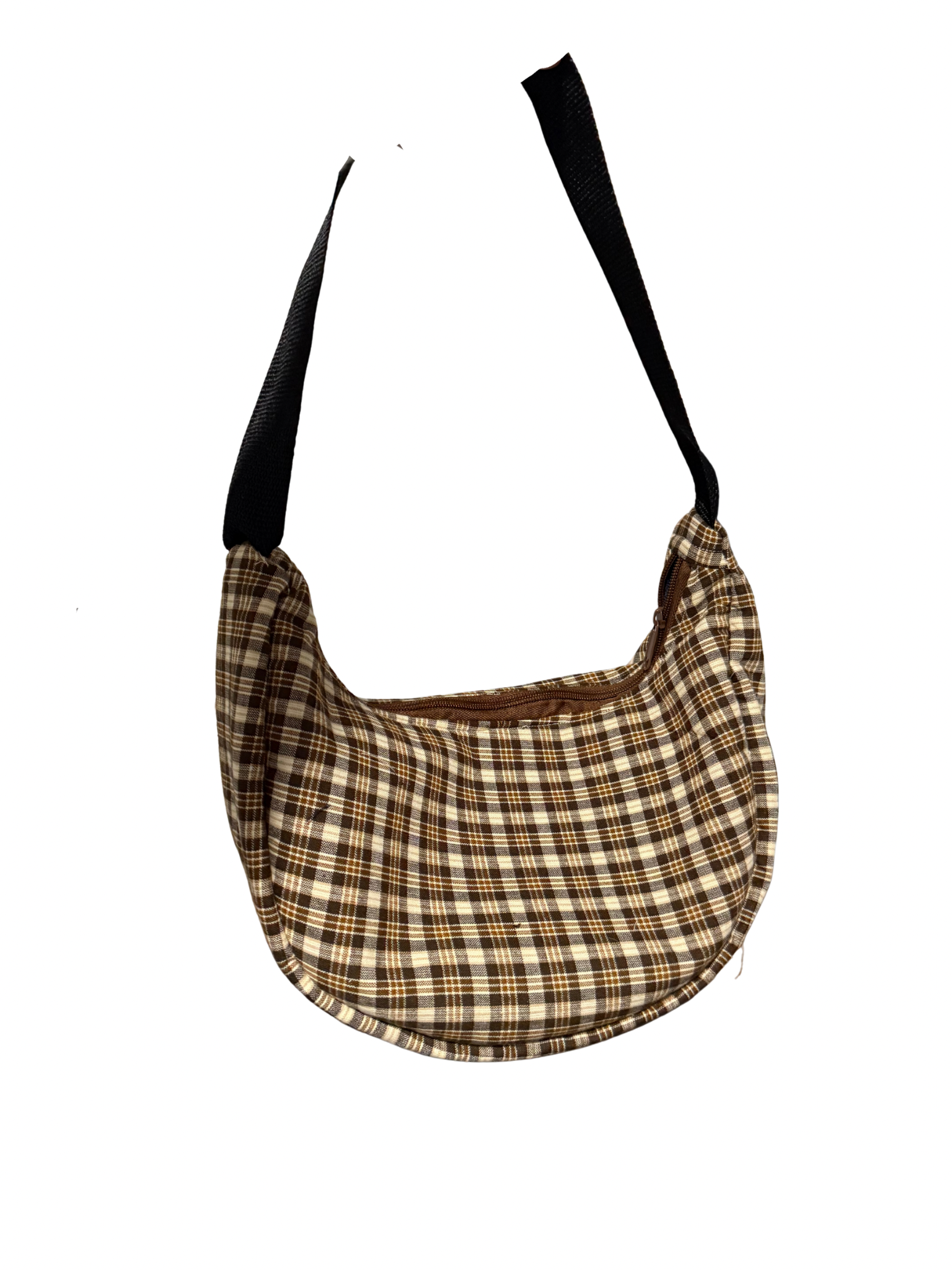 Plaid bag with black straps on a white background