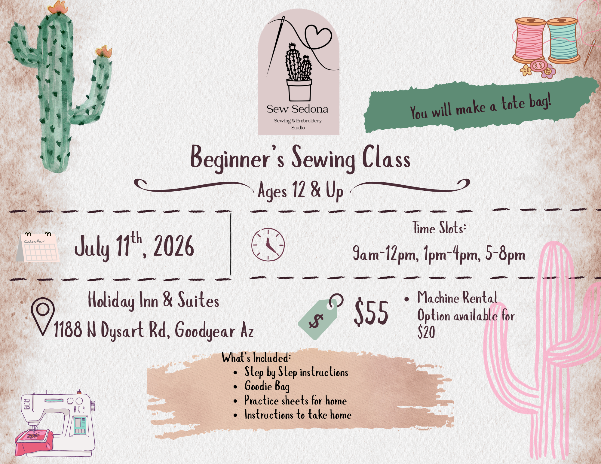 Advertisement for a beginner's sewing class with cactus illustrations on a textured background.