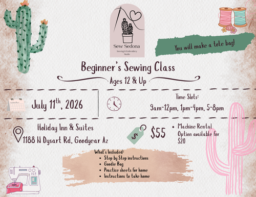 Advertisement for a beginner's sewing class with cactus illustrations on a textured background.
