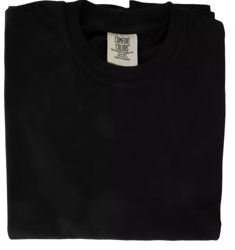 Folded black shirt with a visible Comfort Colors label on a white background