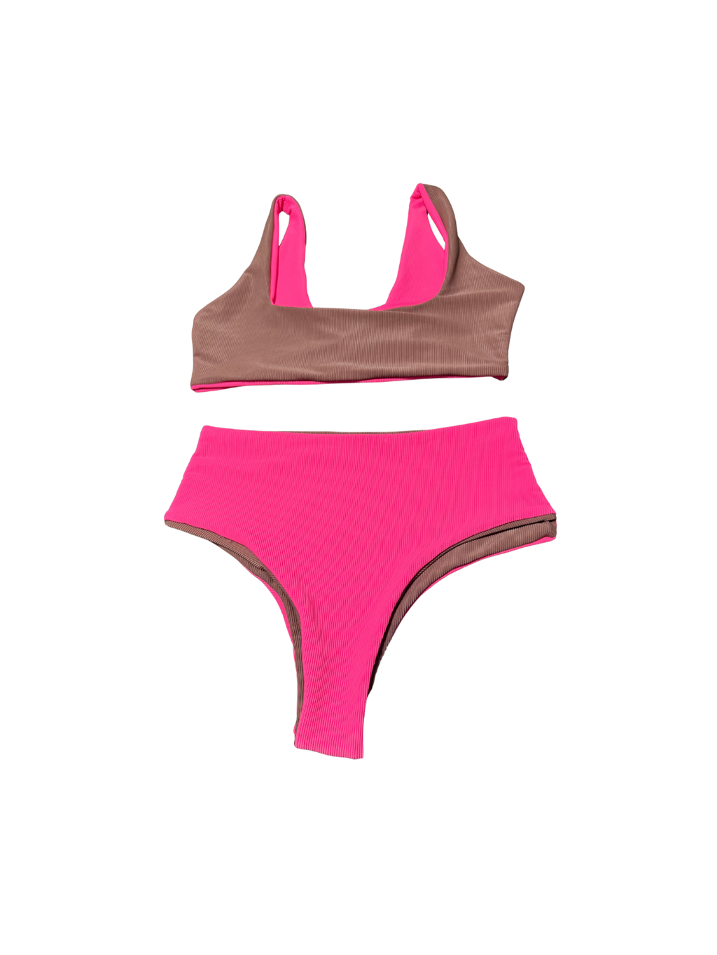 Two-tone bikini set with pink and brown colors on a white background