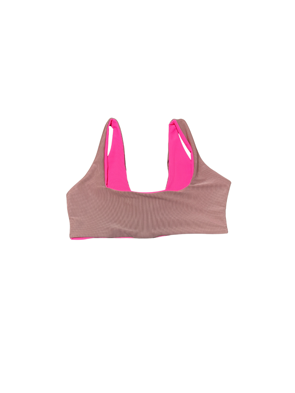 Brown sports bra with pink straps on a white background