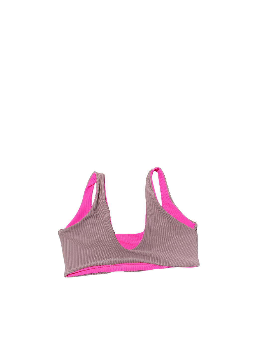 Gray sports bra with pink straps on a white background