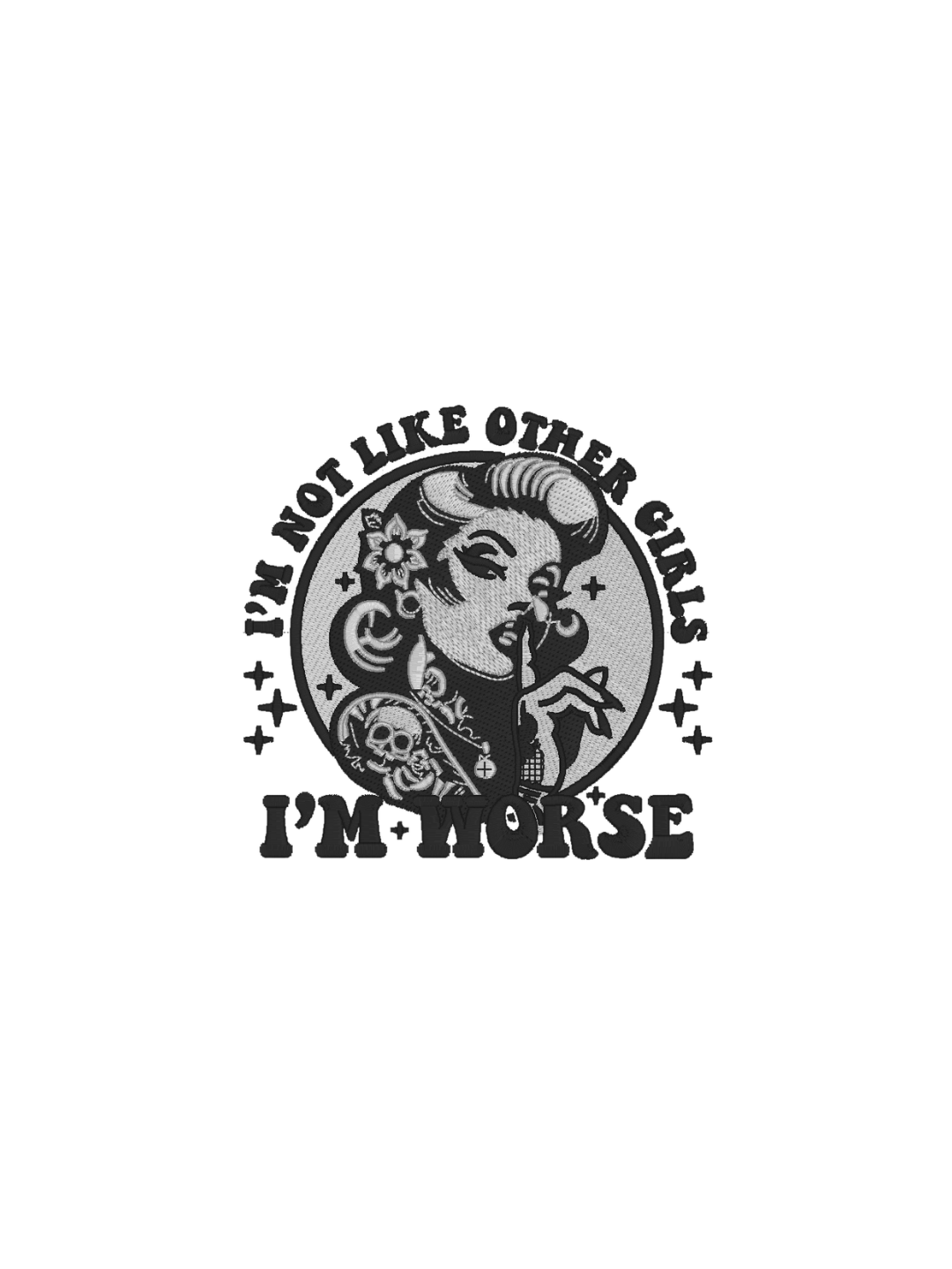 Black and white graphic with a stylized illustration of a woman and text on a white background