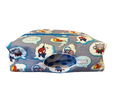 Marvel-themed fabric with superhero characters on a gray background