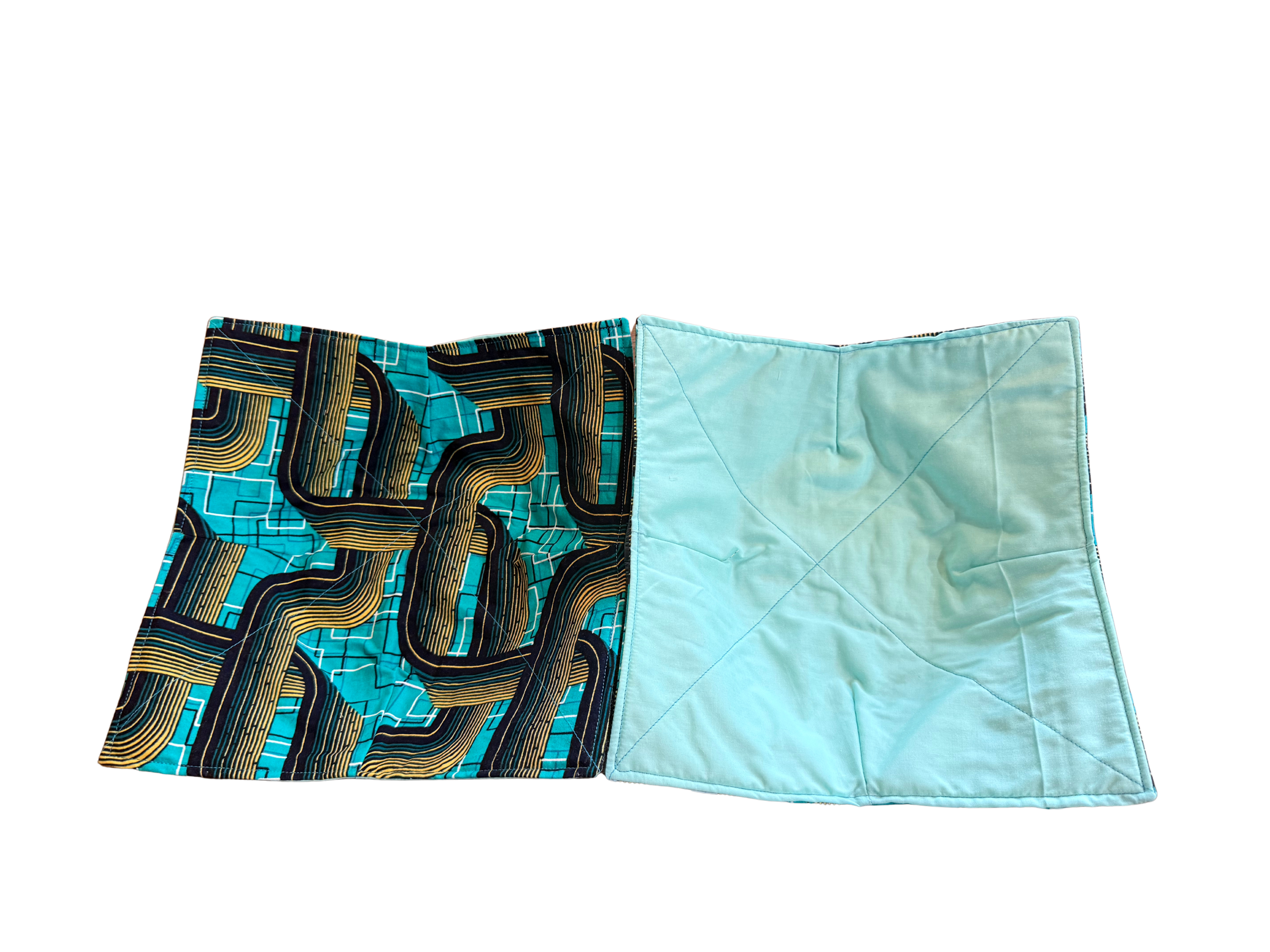 Two fabric swatches, one with a geometric pattern and the other solid light blue, on a white background.