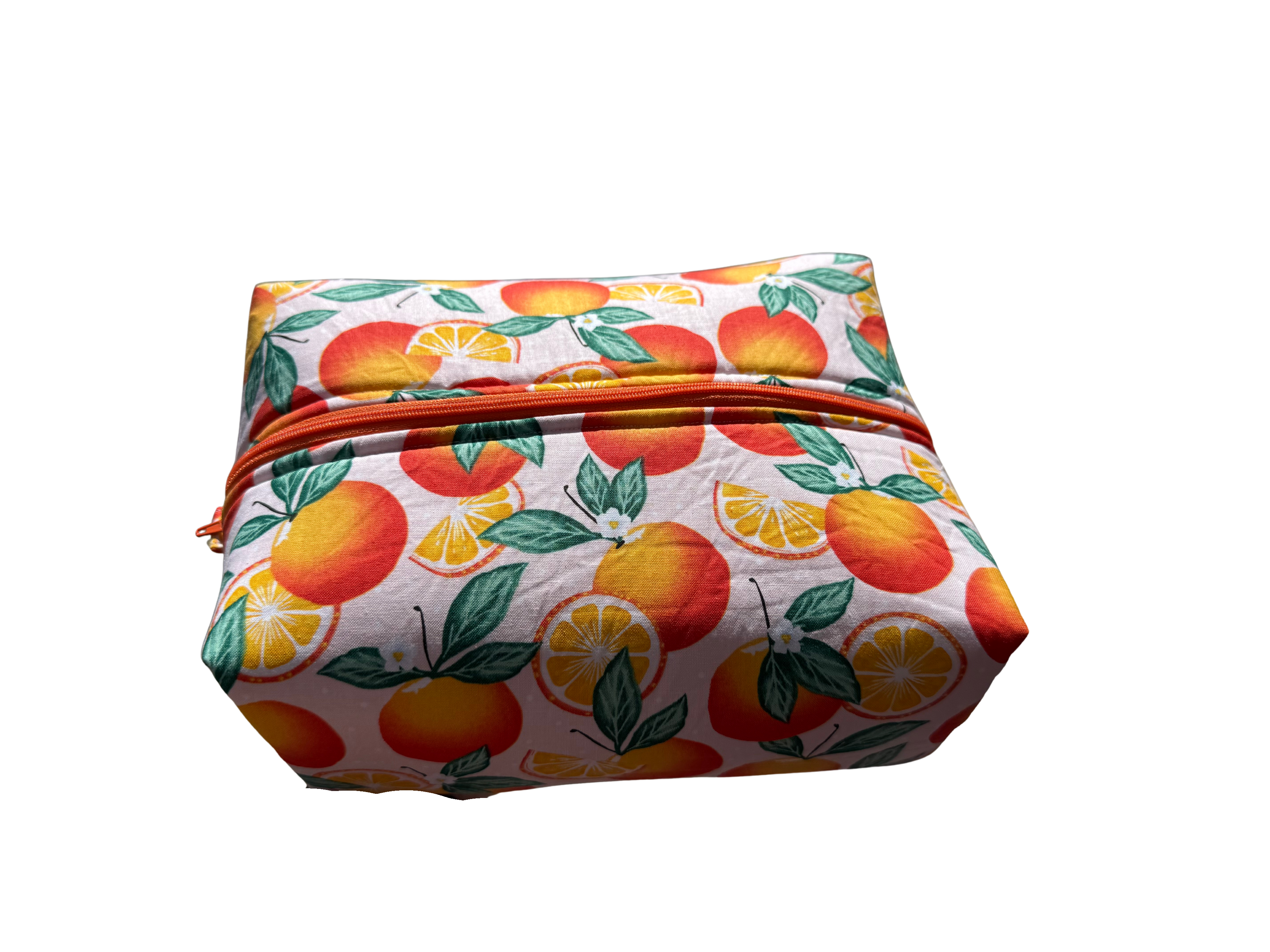 make up bag with fruit pattern on a white background