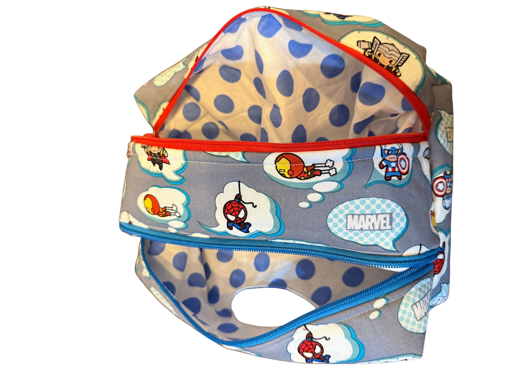Marvel-themed baby diaper bag with cartoon characters on a white background