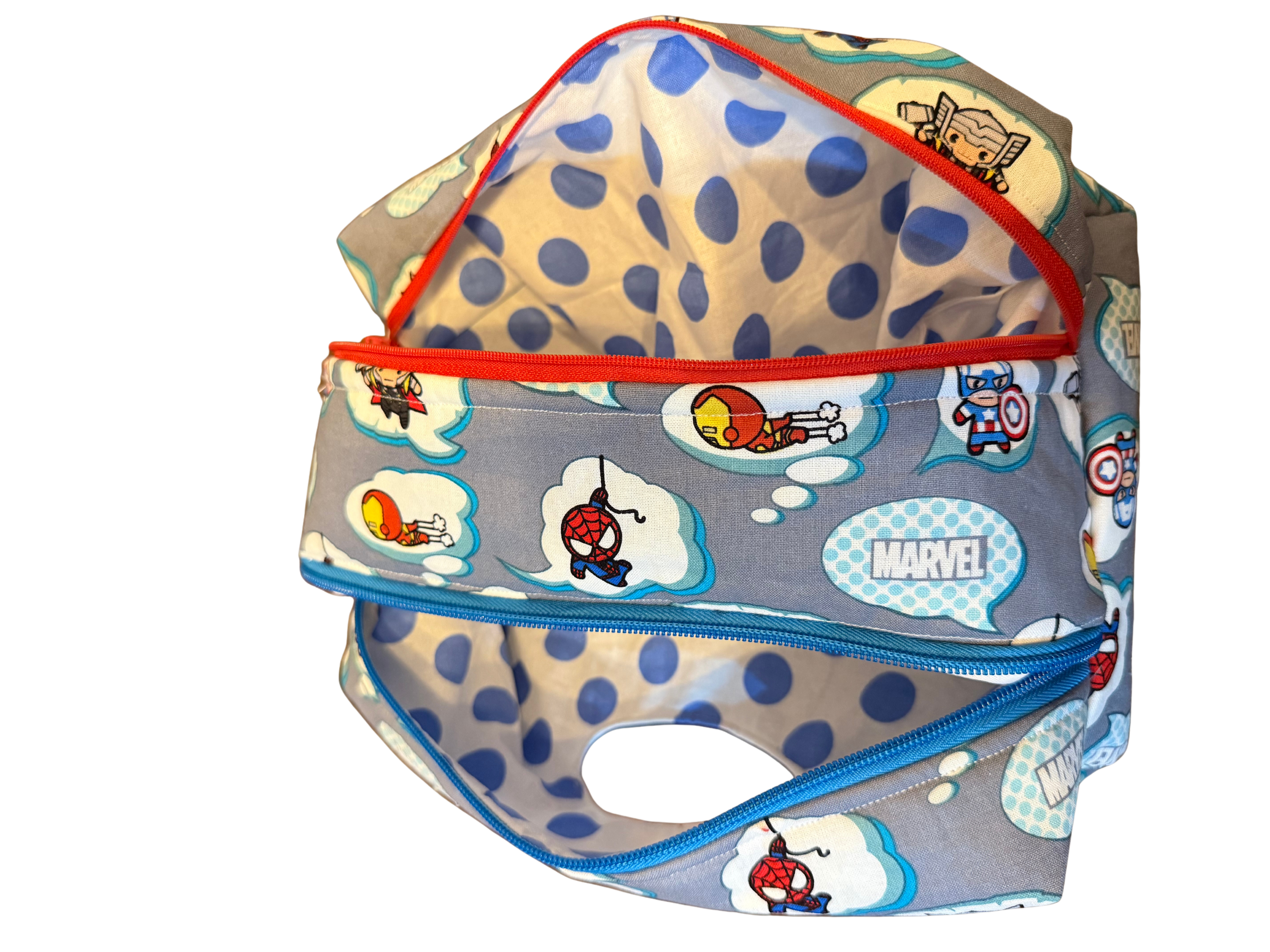Marvel-themed baby diaper bag with cartoon characters on a white background