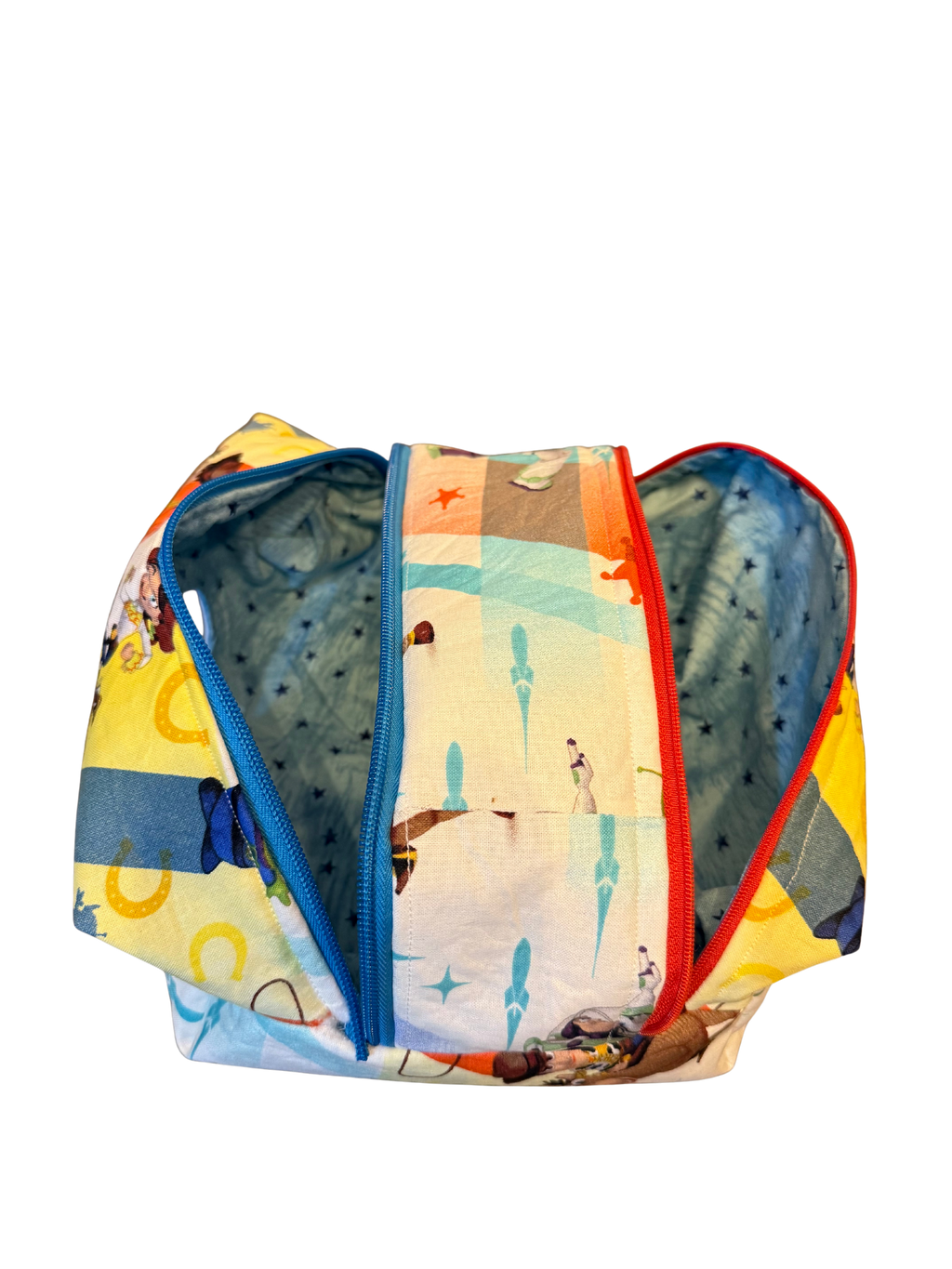 Colorful bag with a patterned design on a white background